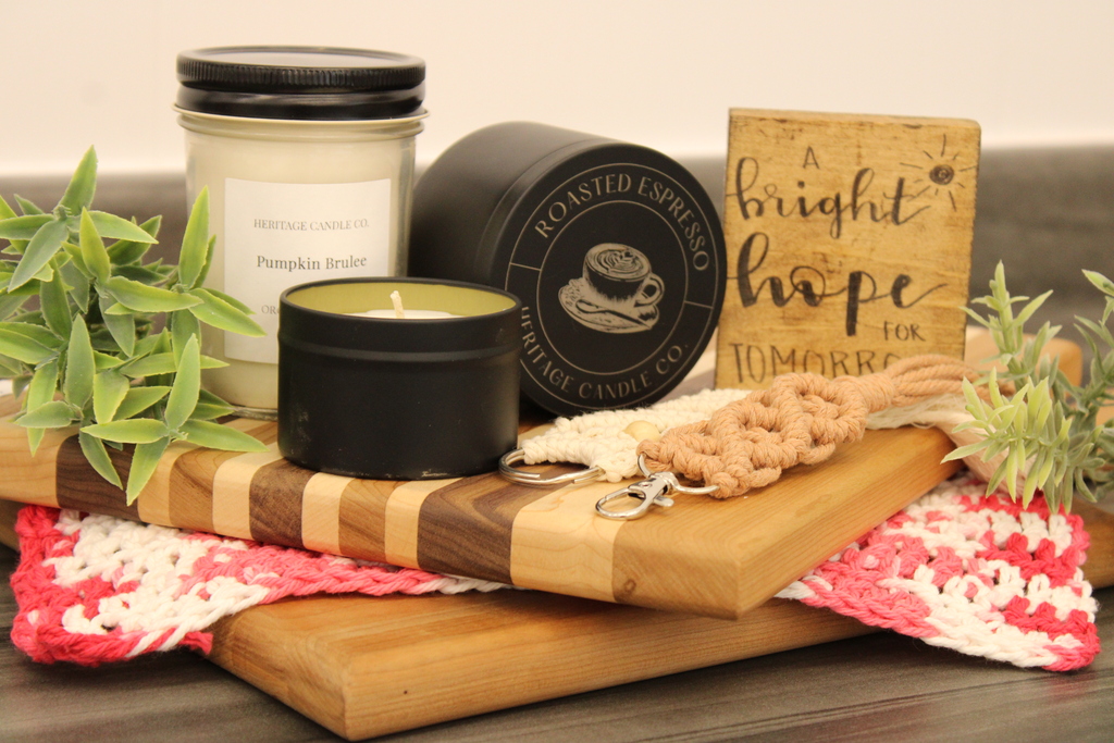 Local handmade gifts: Cutting Boards candles etc.